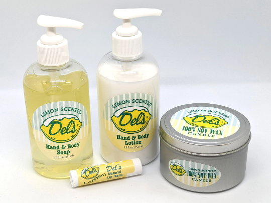 Del's Lemonade Soap Lotion Lip Balm Candle Tin Set